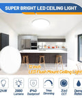 12 Inch LED Flush Mount Ceiling Light Dimmable Fixture With 24W 2880lm Three Color Temps 3000K 4000K 6500K Surface Mount