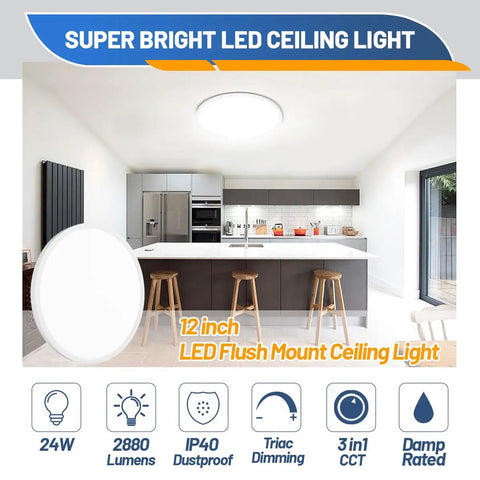 12 Inch LED Flush Mount Ceiling Light Dimmable Fixture With 24W 2880lm Three Color Temps 3000K 4000K 6500K Surface Mount