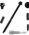 Heavy Hitter Deck Screws 14 X 4 Inch Hex Head Wood Structural Fasteners in various angles with hex socket and hardware.