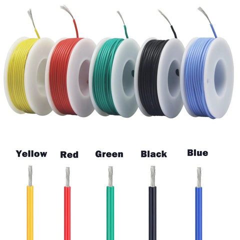 30 AWG Tinned Copper Silicone Hook Up Wire Multicolor Set, 10M Per Color Red Blue Green Yellow Black, 600V Stranded Electrical Cable