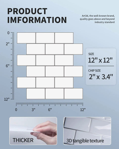 Thicker Version Peel And Stick Subway Tile Backsplash No Brainer DIY 12x12 Inch with product dimensions and texture details