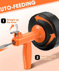 Heavy Duty Auto Feed Drain Snake With Drill Attachment, 25 Foot Flexible Steel Clog Crusher showing auto-feeding mechanism and grip.