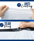 Hands testing 10x13 Inch Poly Mailers 500 Pack Weatherproof Self Seal Shipping Bags for durability and tear resistance