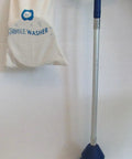Portable Hand Powered Clothes Washer With Smooth Plunger Action Compact design, blue aluminum handle, ideal for travel and RV.