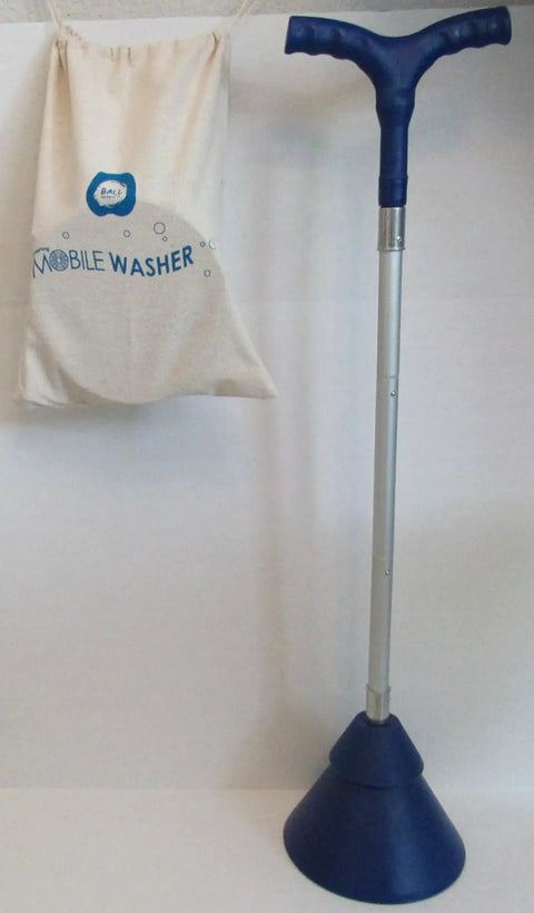 Portable Hand Powered Clothes Washer With Smooth Plunger Action Compact design, blue aluminum handle, ideal for travel and RV.