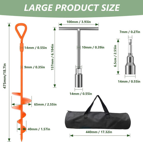 Diagram of 18 Inch Beefy Duty Ground Anchors Screw In Kit With T Handle Hex Wrench dimensions and carrying bag, 4 Pack Orange For Outdoor Use