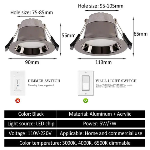 saditesdk 12Pack Led Recessed Lighting - 5W/7W Black Recessed Lights Led Ultra-Thin Downlight showing two sizes and features.