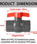 Rock Solid 1 Inch Sch80 Pvc Ball Valve 4 Pack showing dimensions, handle, and socket ends for irrigation pool and garden plumbing.