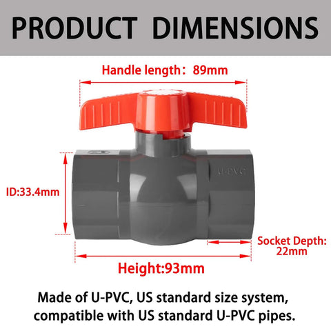 Rock Solid 1 Inch Sch80 Pvc Ball Valve 4 Pack showing dimensions, handle, and socket ends for irrigation pool and garden plumbing.