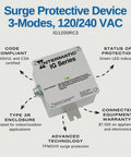 Advanced Outdoor Surge Protector With TPMOV Technology And Three Mode Protection Rainproof featuring green LED indicator.