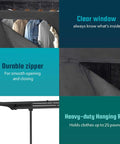 Easy Setup Portable Wardrobe Closet Storage Organizer With Hanging Rack See Through Window No Tool Assembly Washable Fabric Cover Durable Heavy Duty Build 19.75x36x64 Inches showing clear window, durable zipper, heavy-duty hanging rod.