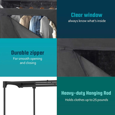 Easy Setup Portable Wardrobe Closet Storage Organizer With Hanging Rack See Through Window No Tool Assembly Washable Fabric Cover Durable Heavy Duty Build 19.75x36x64 Inches showing clear window, durable zipper, heavy-duty hanging rod.