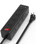 Flat 5 Ft Power Strip With USB C And 3 USB Ports 12 Outlets Surge Protector, black extension cord shown with outlets and USB ports.