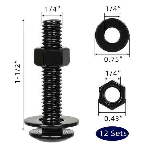 1/4-20 X 1-1/2 Inch Carriage Bolt Kit In Stainless 304 Heavy Duty With Hex Nuts And Flat Washers Black Finish 12 Sets