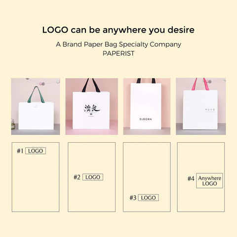 Custom White Paper Bags 100 Pack With Logo Printing 21.7x6.1x15.7 Inches 250G Thick Paper 1 Inch Color Handles Display
