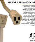 Beige Beefy Heavy Duty 6 Ft Appliance Cord 14 Gauge 3 Conductor With Grounded 3 Prong Right Angle Plug For Large Appliances And Air Conditioners Kink Free Durable And Seamlessly Blends With Home Decor