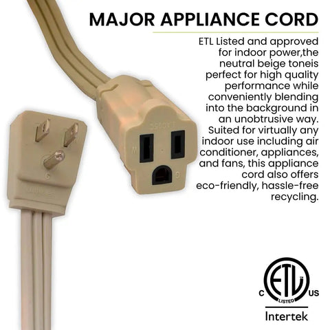 Beige Beefy Heavy Duty 6 Ft Appliance Cord 14 Gauge 3 Conductor With Grounded 3 Prong Right Angle Plug For Large Appliances And Air Conditioners Kink Free Durable And Seamlessly Blends With Home Decor