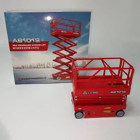 1 30 Scale Self Propelled Scissor Lift Model With Extendable Cylinders Push To Glide Skid Proof Deck Built In Access Ladder Hella Rugged Red Work Platform Replica For Garage Shelves displayed alongside its box.