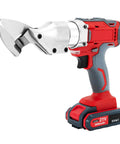Super Heavy Duty 21V Cordless Metal Shear With Two Speed Electric Tin Snips cutting aluminum, iron, stainless steel, featuring steel cutters.