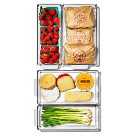 4 Piece Fridge Storage Bin Starter Set with Clear Modular Bins for Fresh Groceries Stackable Refrigerator Organizer with Rounded Handles