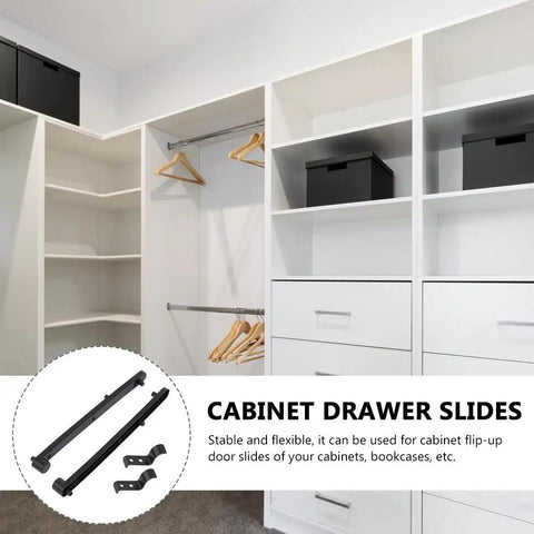 Hidden Flip Up Cabinet Door Rail Set 9.5 Inch Track Hardware displayed with open white bookcase and storage units