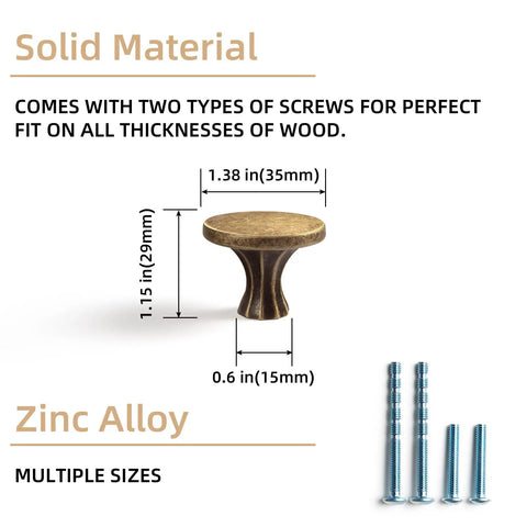Six Pack Antique Brass Cabinet Knobs Zinc Alloy For Kitchen Drawers 2202 GT DAN with M4 screws and dimensions shown