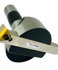 Fly Cutter R8 Shank Milling Tool For Bridgeport Milling Machine Includes Half Inch By Half Inch By Four Inch Indexable Tool Bit And Seven Sixteenths UNF Drawbar High Precision Milling Accessory For Smooth Surface Finish And Efficient Material Removal. Close-up of cutter bit and shank.