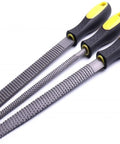 Rugged Workhorse Three Piece Wood Rasp File Set Featuring Round Half Round And Flat Profiles For Quick Shape Ups, premium steel files with rubber grips.