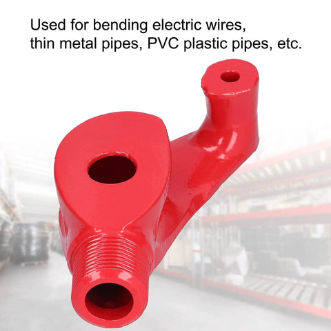 Close-up of the red cast iron end of a Cast Iron Manual Wire Pipe Bender for Bending Electric Conduit And PVC Pipes With 90 To 180 Degree Fast Forming Capability Ideal For Hydropower Installation Projects And Aluminum Alloy Tubes Featuring Glossy Finish.