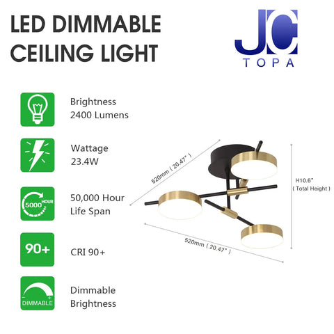 3 Light Dimmable LED Semi Flush Mount Ceiling Light Fixture In Modern Gold And Black with specifications and dimensions