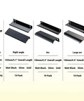 Image showing three styles of cabinet edge finger pulls: right angle, arc, and large arc, in black, silver, and gold colors, 10 pack each.