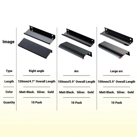 Image showing three styles of cabinet edge finger pulls: right angle, arc, and large arc, in black, silver, and gold colors, 10 pack each.