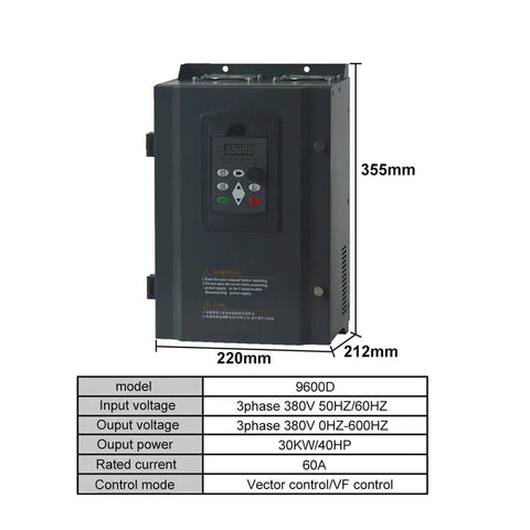 Beefy Frequency Inverter 15KW VFD Speed Control 380V Motor Drive For Lathe 3 Phase Asynchronous Motors Supports 18.5KW 25HP 380V front view with 355mm x 220mm x 212mm dimensions
