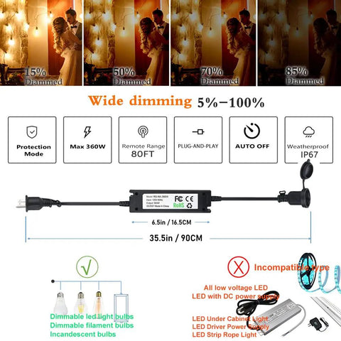 Outdoor String Light Dimmer 360W Max With Timed 6H And 8H Switches shown with dimming levels and specifications.