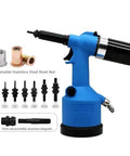 Air-Hydraulic Rivet Nut Gun With 19.1 Kilonewtons Working Tension, Heavy-Duty Automatic Riveting Kit Including Six Nozzle Dies shown in blue