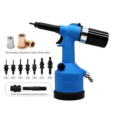 Air-Hydraulic Rivet Nut Gun With 19.1 Kilonewtons Working Tension, Heavy-Duty Automatic Riveting Kit Including Six Nozzle Dies shown in blue