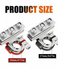 Product size comparison of 12V Top Post Battery Terminal Kit 2 Pack With 3 Way Quick Release Connectors, red and black copper tin plated