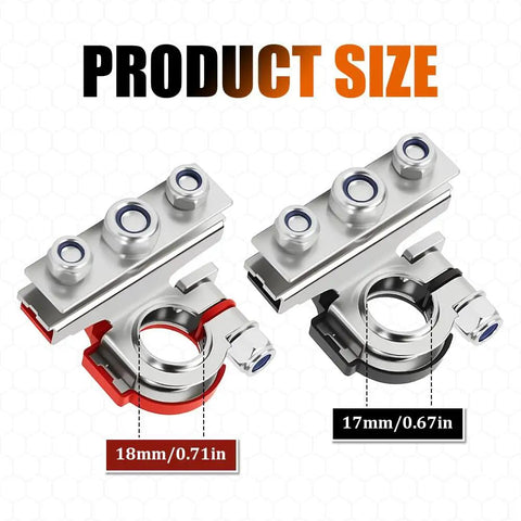 Product size comparison of 12V Top Post Battery Terminal Kit 2 Pack With 3 Way Quick Release Connectors, red and black copper tin plated