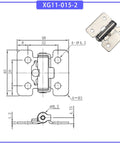 Stainless steel damping hinge with adjustable torque, model XG11-015-2; front blueprint and hardware photo