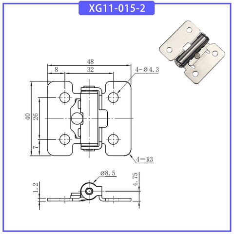 Stainless steel damping hinge with adjustable torque, model XG11-015-2; front blueprint and hardware photo