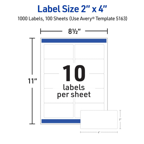 Top Shelf 2 x 4 Shipping Labels 1000 Count White Mailing Stickers displayed on a sheet with label dimensions.