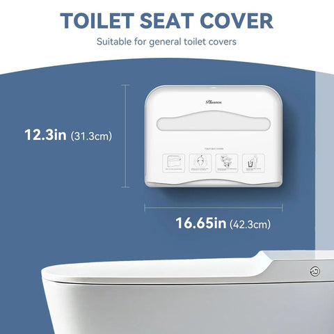 Wall Mounted Toilet Seat Cover Dispenser With No Drill Installation Half Fold Holder For Public Restrooms Offices And Restaurants Key Lock Or Keyless Access Heavy Duty High Impact ABS Plastic shown installed on wall.