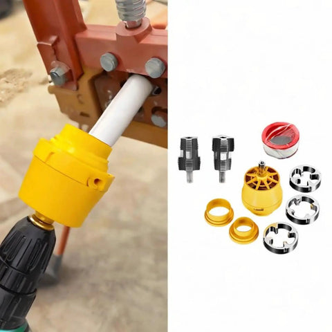 Killer Precision One Inch Water Pipe Threading Tool Built Hella Tough Die Cast Metal, shown with drill attachment and accessories.