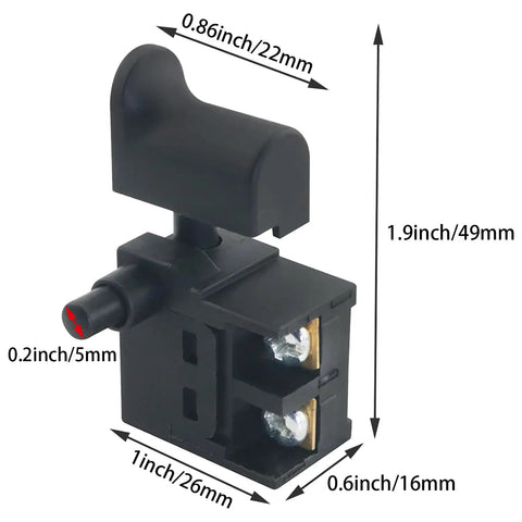2 Pack Hammer Trigger Power Tool Switches With Pushbutton 6A 110 Type showcasing dimensions and durable construction