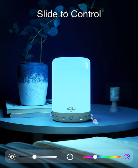 Smart LED Bedside Lamp With App Control, Voice Assist, and RGB Color Changing Mood Light, glowing blue on a nightstand.