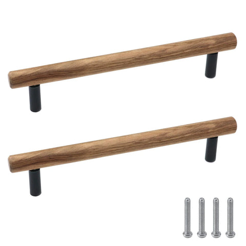Walnut Solid Wood Pull Handles With Black Aluminum Base For Cabinets And Drawers, Round Black Base, 160mm Hole Center, 2 Pack, with screws