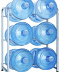 Heavy Duty 3 Tier Water Jug Rack For 5 Gallon Jugs, Detachable, Easy Assembly Storage Stand, with six jugs, silver finish.
