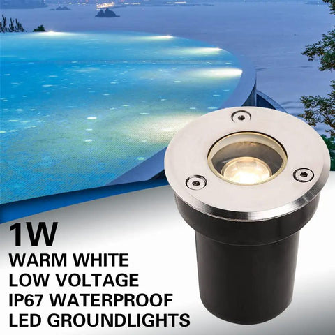 1W COB LED ground light by a poolside, featuring stainless steel design, IP67 waterproof rating, bright warm white glow, low voltage