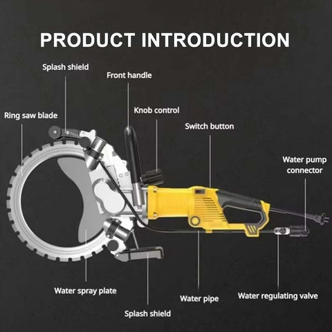 Built Different Concrete Ring Saw With Water Fed Dust Suppression Pro Grade Wall Groover, detail view showing parts and controls.