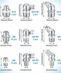 Pro Grade Heavy Duty Grease Fittings Kit With Straight And Angled Zerk Adapters, M6 M8 M10, 180 45 90 Degree, Galvanized Steel Hydraulic Zerk Set For Grease Guns And Mechanical Lubrication, diagram showing sizes and angles of fittings.